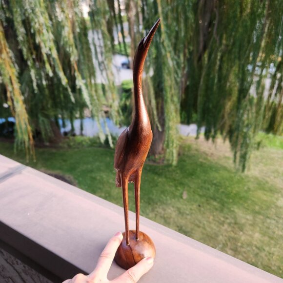 Hand-Carved Wooden Crane Sculpture – 13" Tall Elegant Bird Figurine - Picture 5 of 11